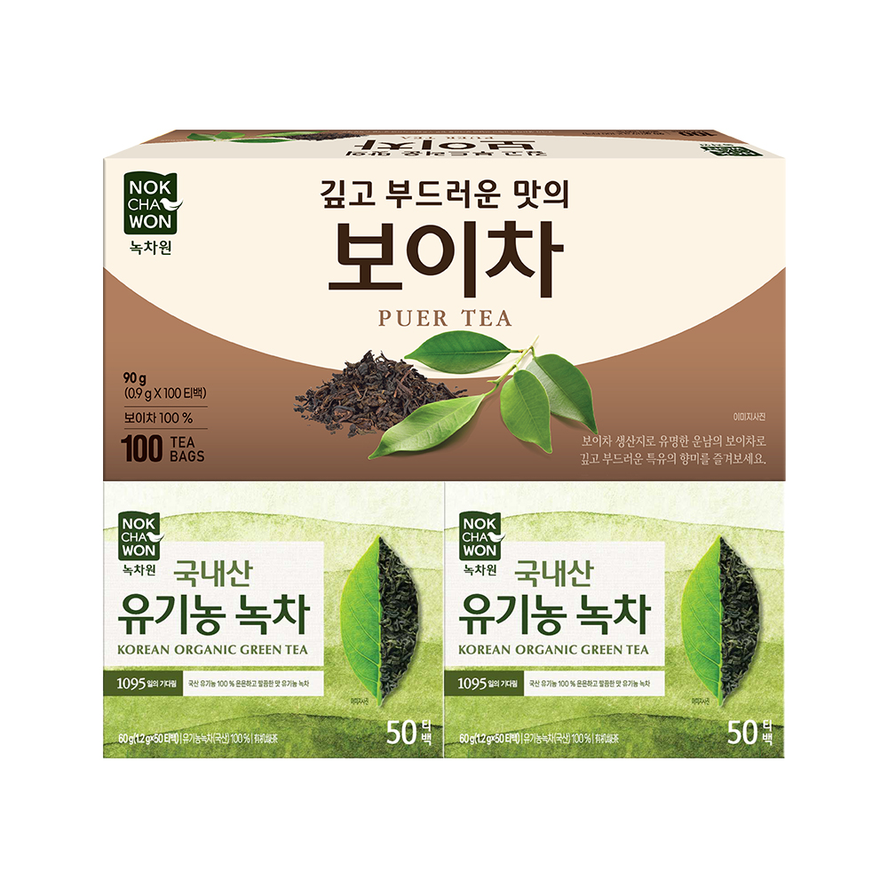 녹차원 보이차와녹차 (보이차 100티백+유기농녹차 50티백x2) - 상품 이미지
