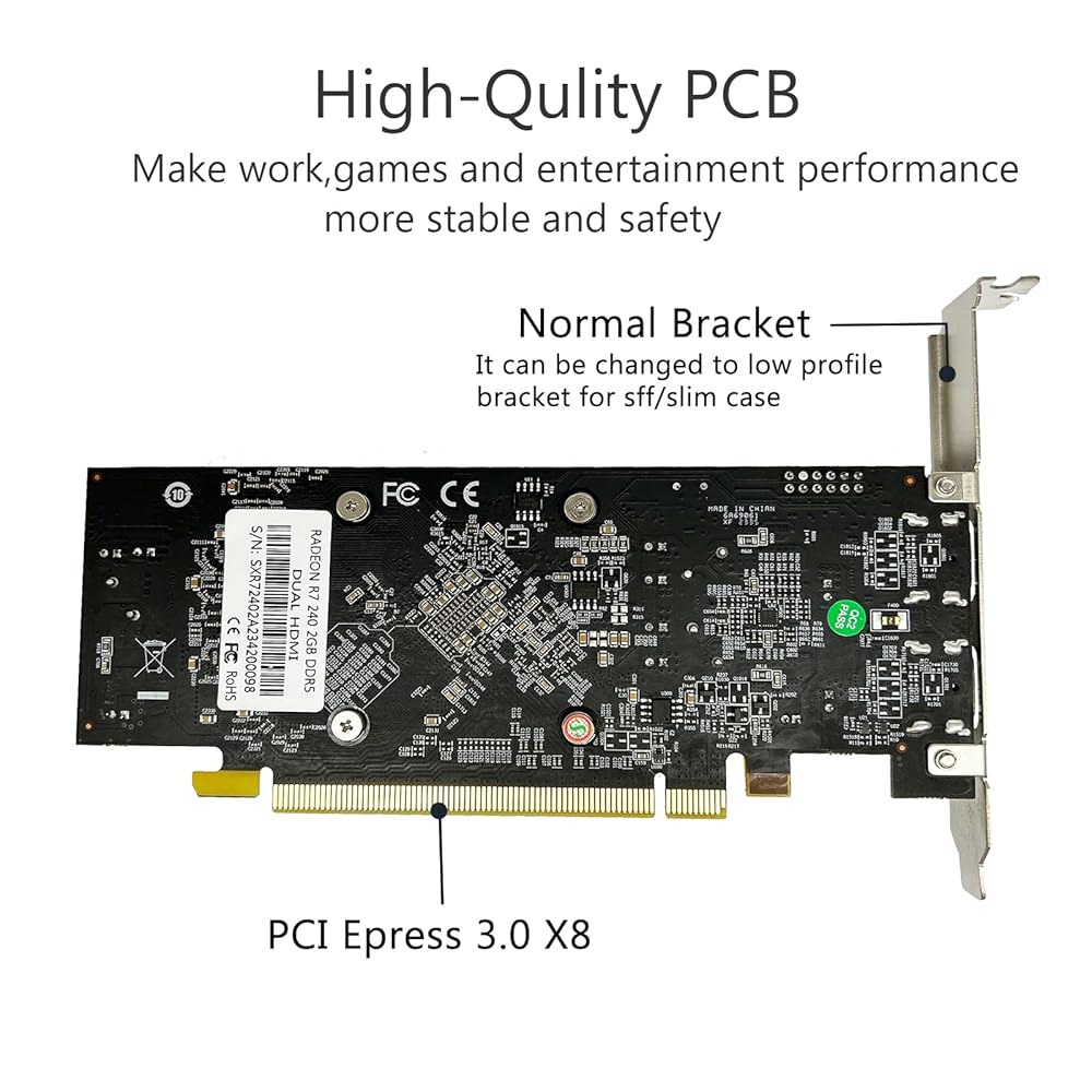QTRI AMD Radeon R7 240 그래픽 카드, 2GB 128비트 GDDR5 메모리, PCI Express x8, 2배 HDMI, PC 오피스용 로우 프로파일 비디오 GPU - 상세 이미지 2