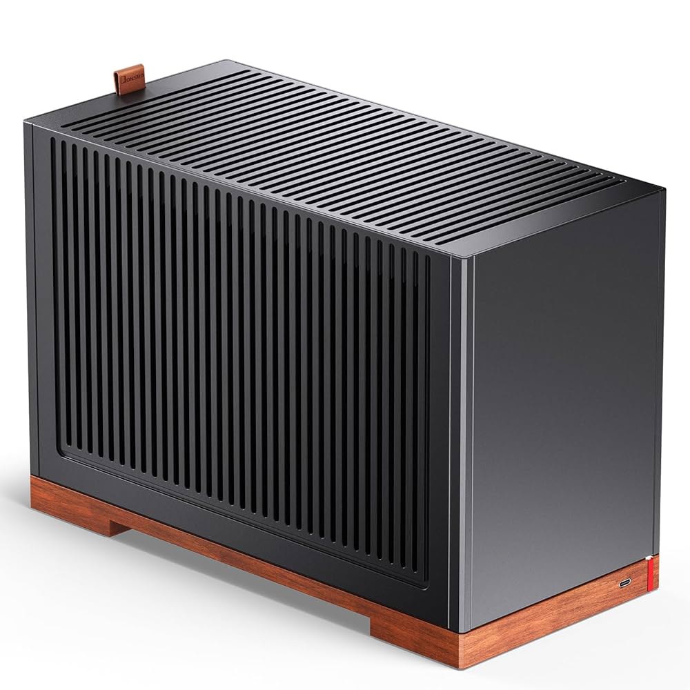 JONSBO T9 미니 ITX PC 케이스, SFF 도구 없는 메시 데스크톱 A4 구조, 블랙 호두 솔리드 우드 베이스, MB, 4mm AL, SP SFX100mm /GPU202m - 상품 이미지
