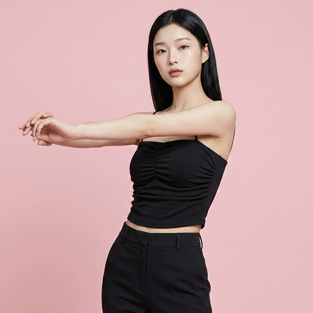 여성 노와이어 캡내장 무지 일자넥 슬리브리스 끈나시 브라티 셔링 캐미솔 이미지 8