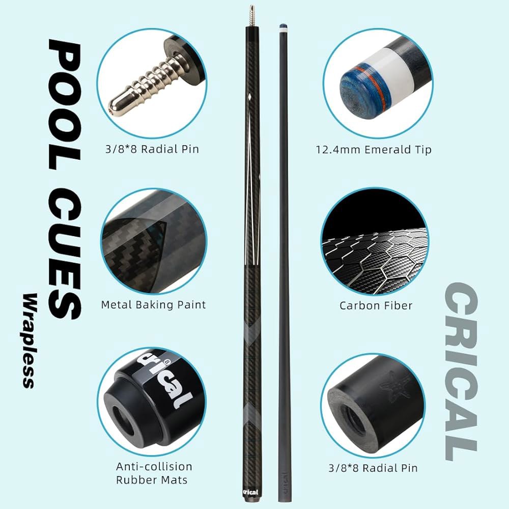 CRICAL 탄소 섬유 풀 큐 스틱 58인치 당구 스틱, 3/8 8 핀 조인트 및 12.5mm 팁이 있는 전문가용 저변형 001-CL01 - 상세 이미지 3