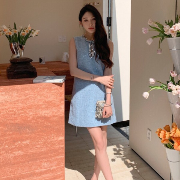 라운드 장식 트위드 미니 블링 원피스 민소매 - 상세 이미지 5