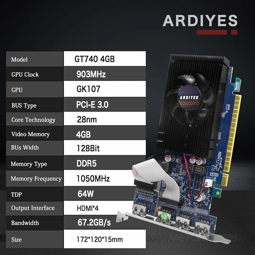 ARDIYES GT 740 4GB GDDR5 로우 프로파일 GPU 그래픽 카드, 쿼드 멀티 모니터 설정을 위한 4배 HDMI 포트, PCI Express 3.0 x16, 무음 냉각 - 상세 이미지 2