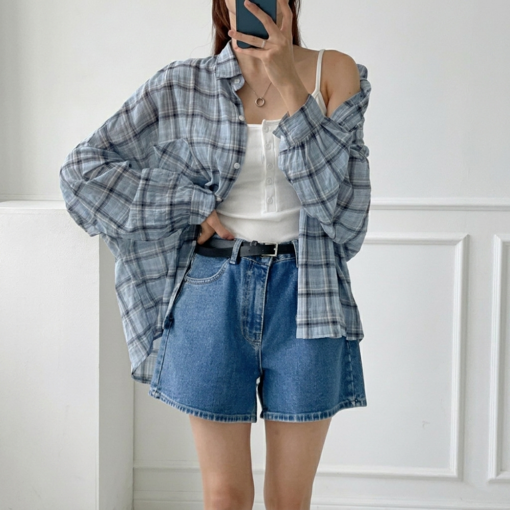 여름 시스루 체크남방 살안타 오버핏 빅사이즈 긴팔 셔츠 - 상품 이미지
