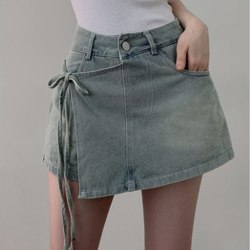 데님 랩스커트 치마 바지 미니 숏 팬츠 청치마 반바지 방송댄스복 줌바댄스 데일리 캐주얼 - 상품 이미지