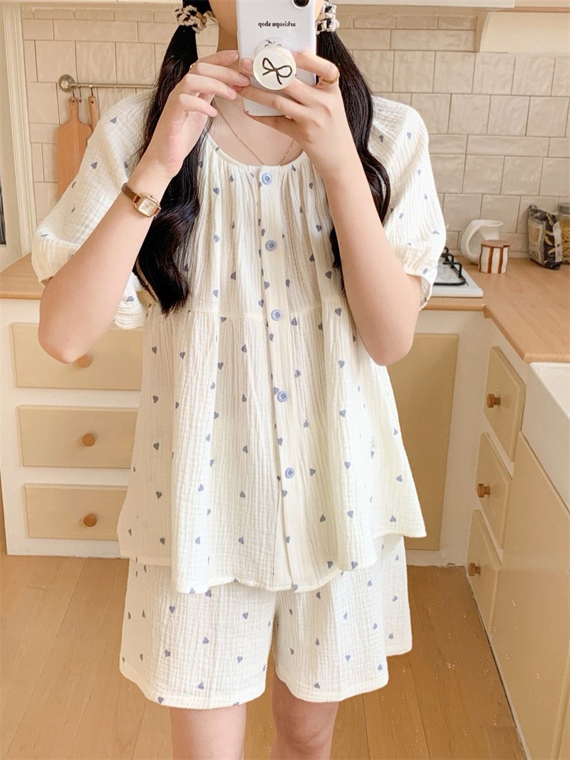 하트 요루면 커플 반팔잠옷 반바지 빅사이즈 임산부 수유 파자마 홈웨어 여름 - 상세 이미지 5