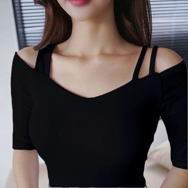 라틴댄스복 끈나시 탑 라인댄스 상의 스포츠댄스 오프숄더 블랙 반팔 S - 상세 이미지 3