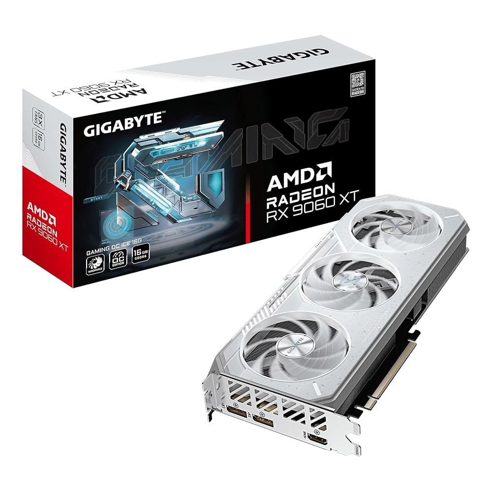 기가바이트 게이밍 그래픽 카드 라데온 RX 9060 XT OC 아이스 16G - 16GB GDDR6, 256비트, PCI-E 5.0, 3320MHz 코어 클럭, 디스플레이포트 2개 - 상품 이미지