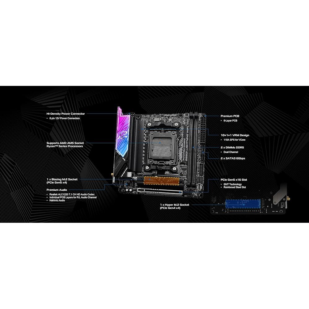 ASRock AMD B850i 라이트닝 WiFi 6E 소켓 AM5 Ryzen 9000 /8000 /7000 시리즈 DDR5 8200+ (OC) MHz 128GB 미니 ITX 마더보 - 상세 이미지 3
