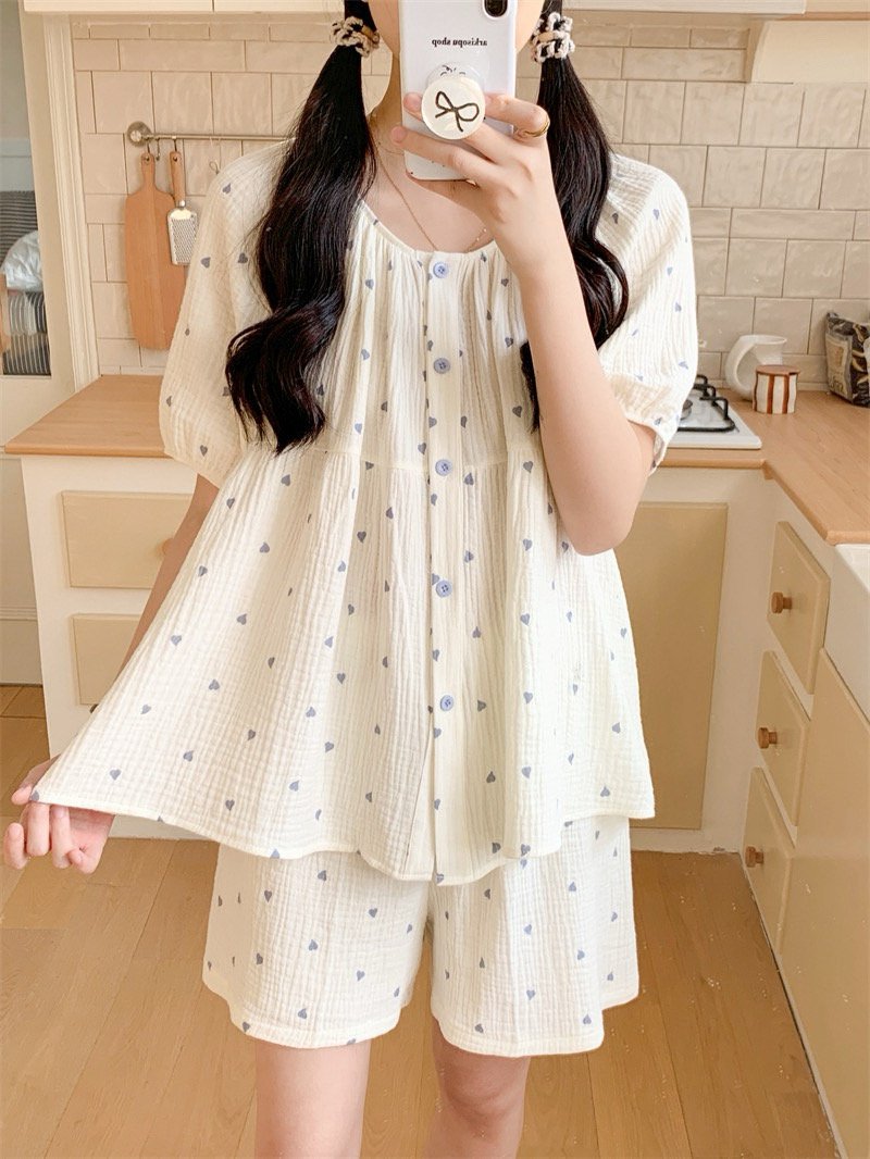 하트 요루면 커플 반팔잠옷 반바지 빅사이즈 임산부 수유 파자마 홈웨어 여름 - 상세 이미지 4