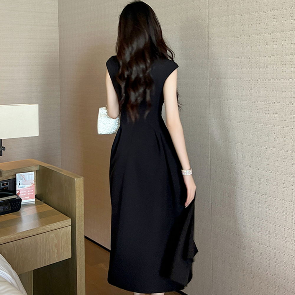 블랙원피스 여성 여름 바스락 플레어 롱 브이넥 슬림핏 정장원피스 이미지 6