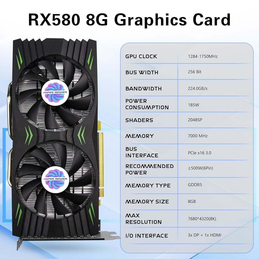 하이퍼렌더 RX 580 그래픽 카드 8GB 2048SP GDDR5 256비트 PC 게이밍 비디오 컴퓨터 보드 3 DP 1 HDMI PCI Express 3.0, PC용 데스크톱 - 상세 이미지 2