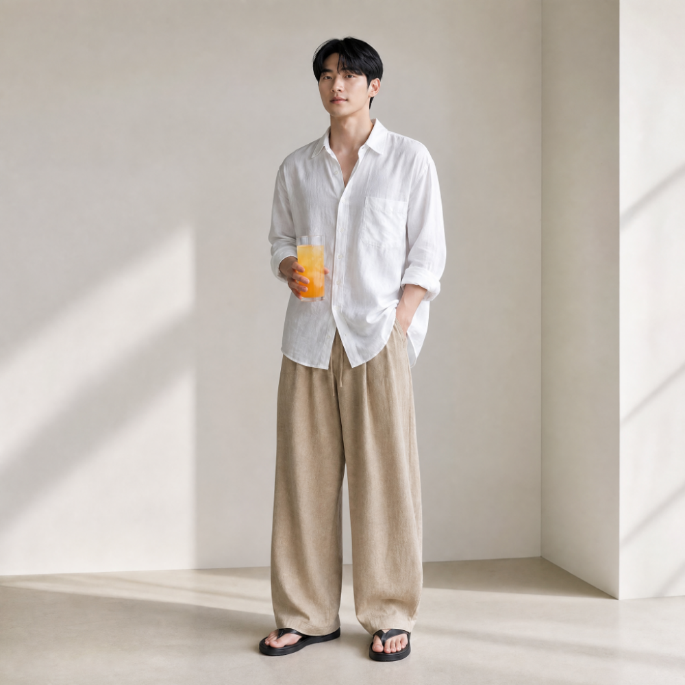남자 여름 핀턱 휴양지룩 와이드 오버핏 찰랑 쿨 밴딩 팬츠 - 상세 이미지 3