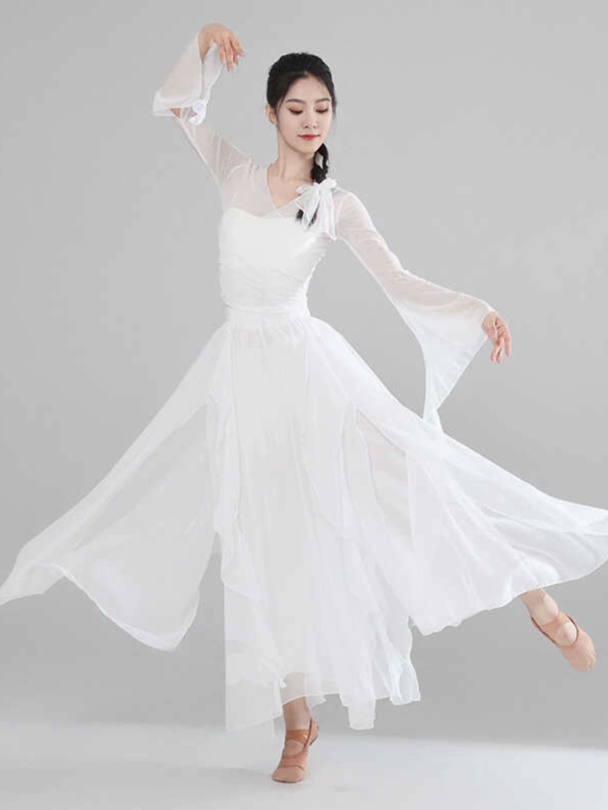 무용복 의상 무용 현대 공연 요정 화이트 드레스+스트랩+720도 S - 상세 이미지 4