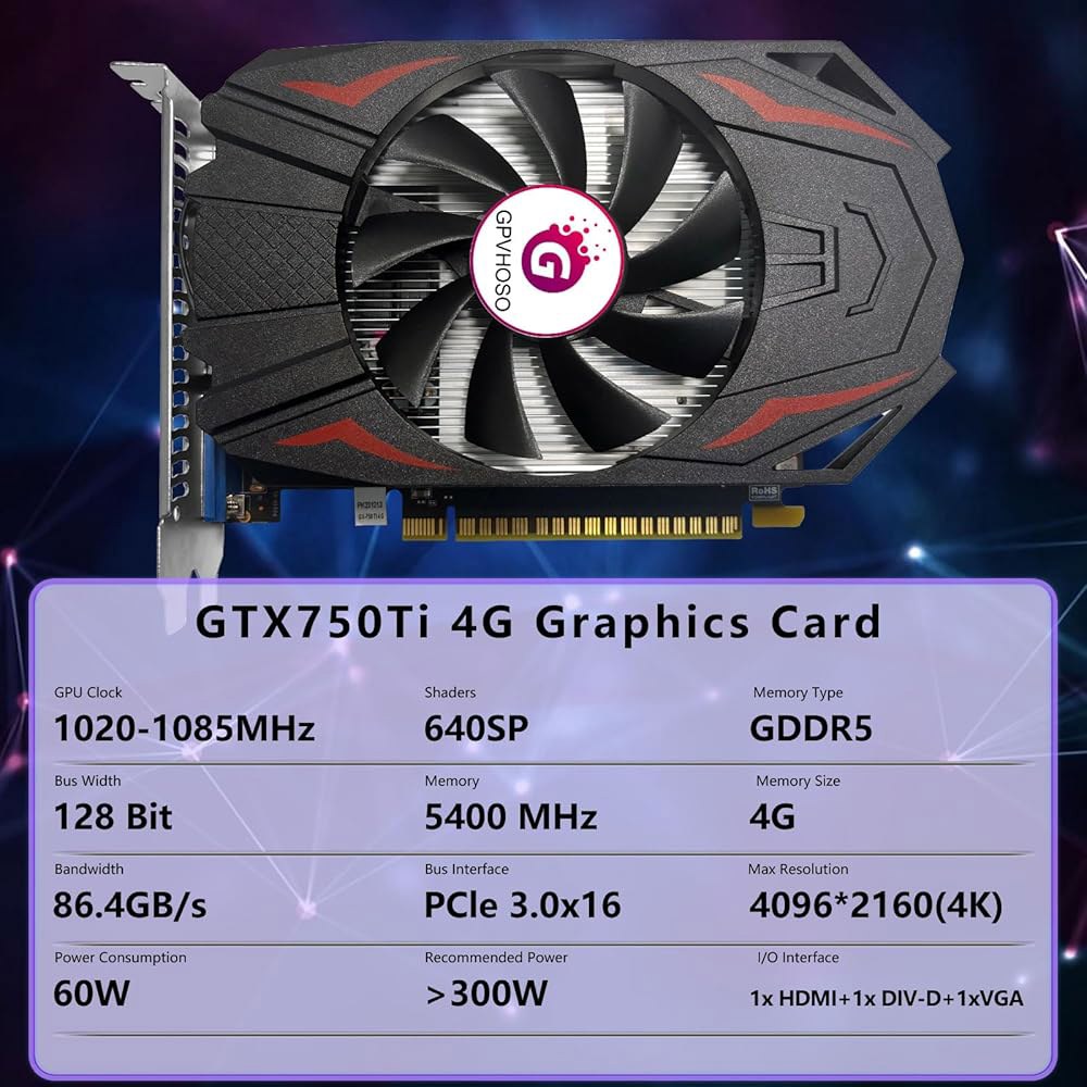 GPVHOOSO GTX 750Ti 4GB GDDR5 그래픽 카드, 640SP 128비트 다이렉트 X12 컴퓨터 비디오 PCI Express 3.0x16 인터페이스, VGA, HDM - 상세 이미지 2