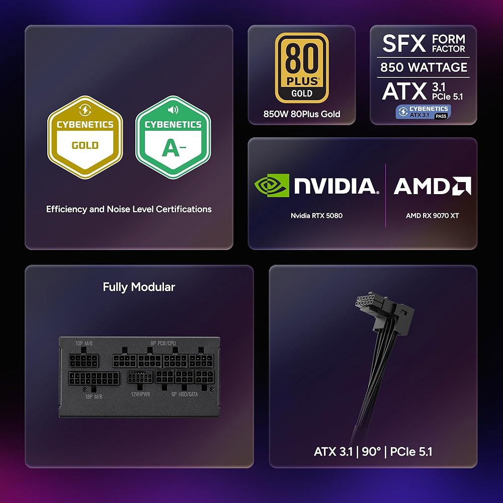 쿨러 마스터 V850 SFX 골드 850W 소형 폼 팩터 PSU ITX SFF 전원 공급, 완전 모듈식, 80 플러스 및 사이베네틱스 인증, ATX 3.1, PCIe 5.1 준비 - 상세 이미지 2