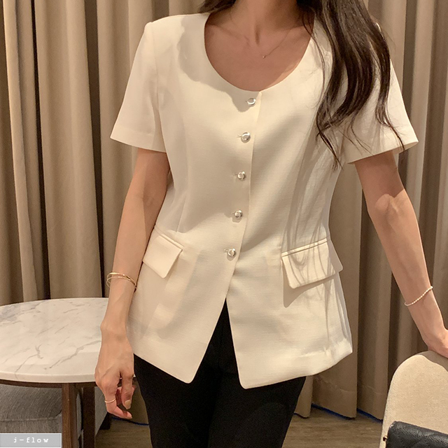 케이슨 U넥 은장버튼 하프 반팔 자켓 2col 봄 여름 하객룩 트위드 A라인 제이플로우 - 상품 이미지