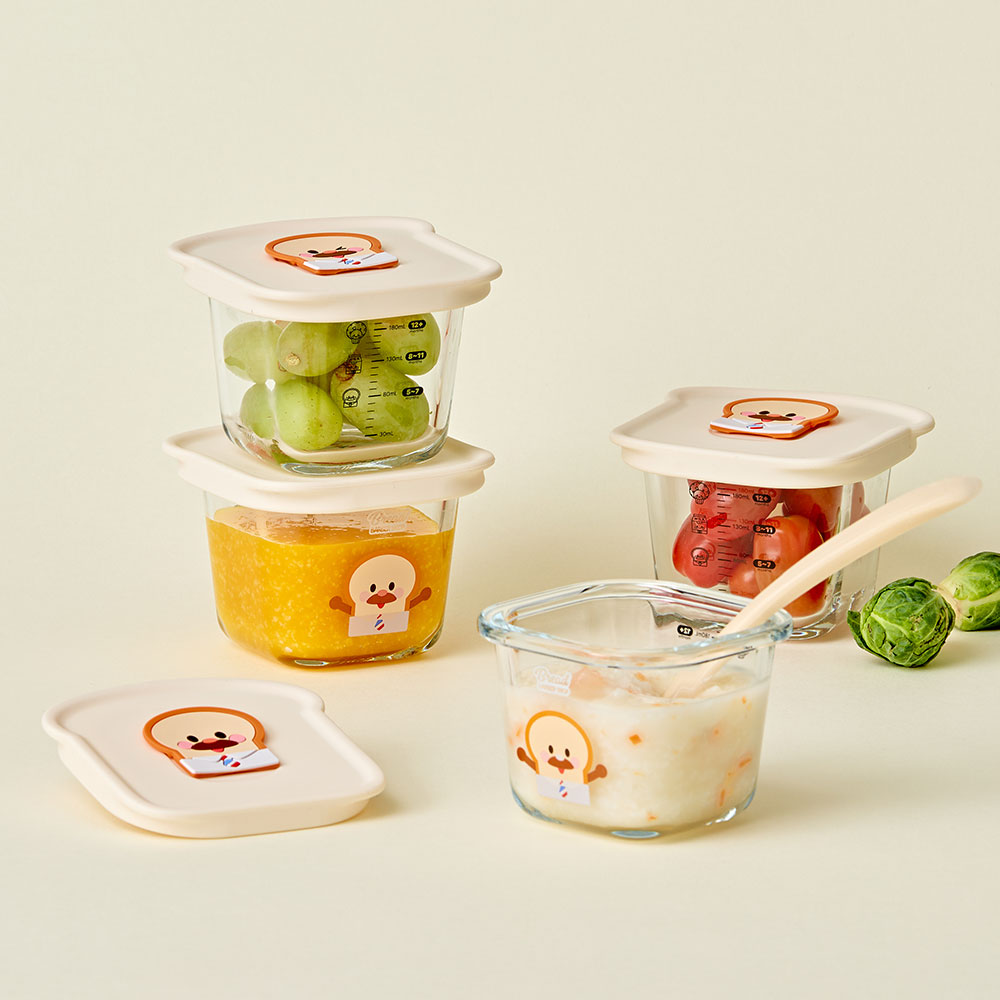 퍼기 이유식 유리 용기 냉장고 밀폐 보관용기 브레드이발소 4P 1SET - 상품 이미지