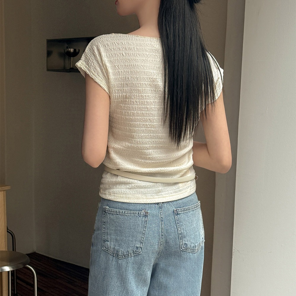 링클 보트넥 캡소매 티 블라우스 이미지 7