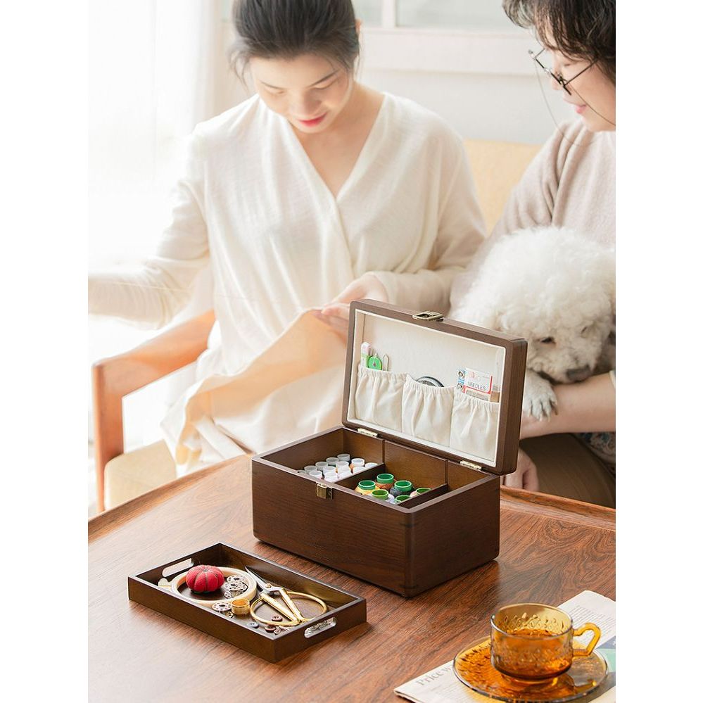 반짇고리함 반지고리 골무 가위 재봉실 쪽가위 세트 바느질 휴대용 반짓고리 바느질함 가정용 - 상품 이미지