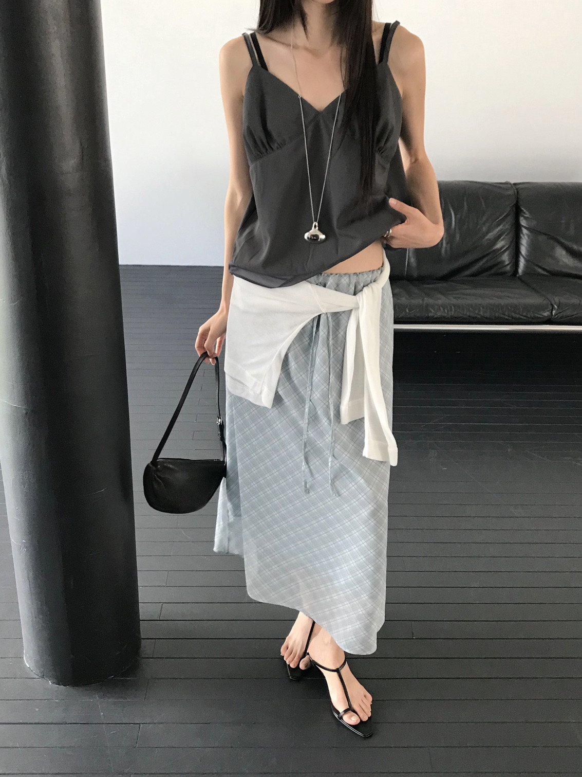 오버무드 여름 쉬폰 레이어드 체크 빈티지 롱스커트 여름 밴딩 맥시 데일리 스커트 - 상세 이미지 2