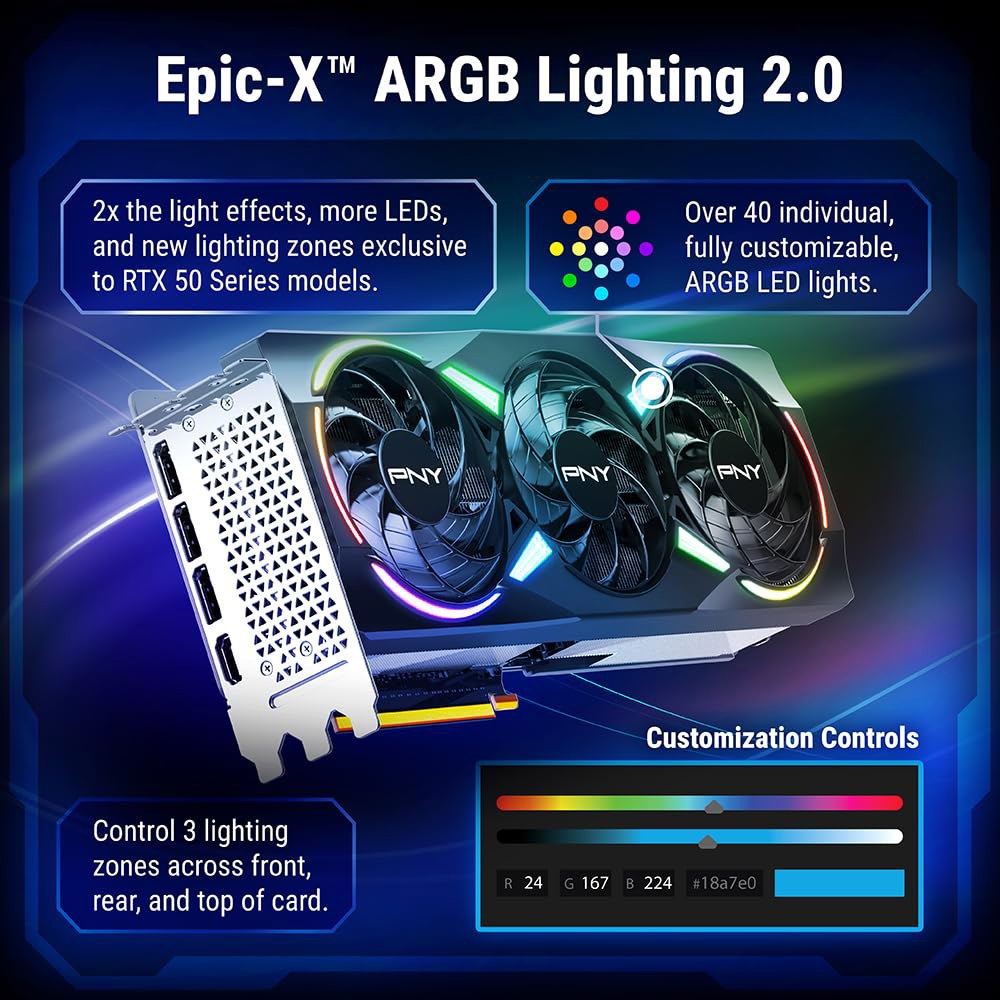PNY GeForce RTX 5070 Ti 에픽-X ARGB OC 트리플 팬, 그래픽 카드, 16GB GDDR7, 256비트, 2640MHz 부스트, PCIe 5.0, HDMI - 상세 이미지 3