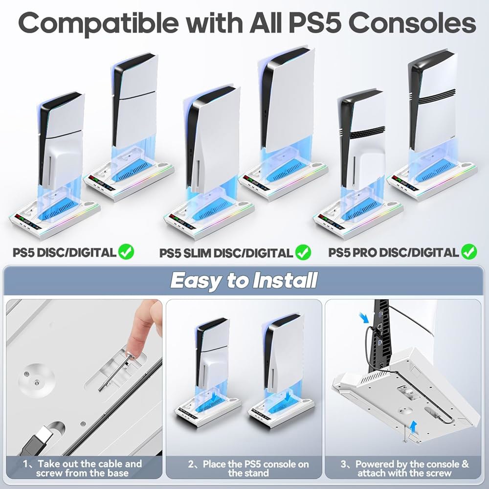 토클럭 PA5 / 슬림 프로 냉각 스테이션(오토 터보팬 및 3레벨 속도 포함), 수직 스탠드 팬 스테이션(컨트롤러 충전기 액세서리 베이스 쿨러 도킹 스테이션, 화이트 - 상세 이미지 2