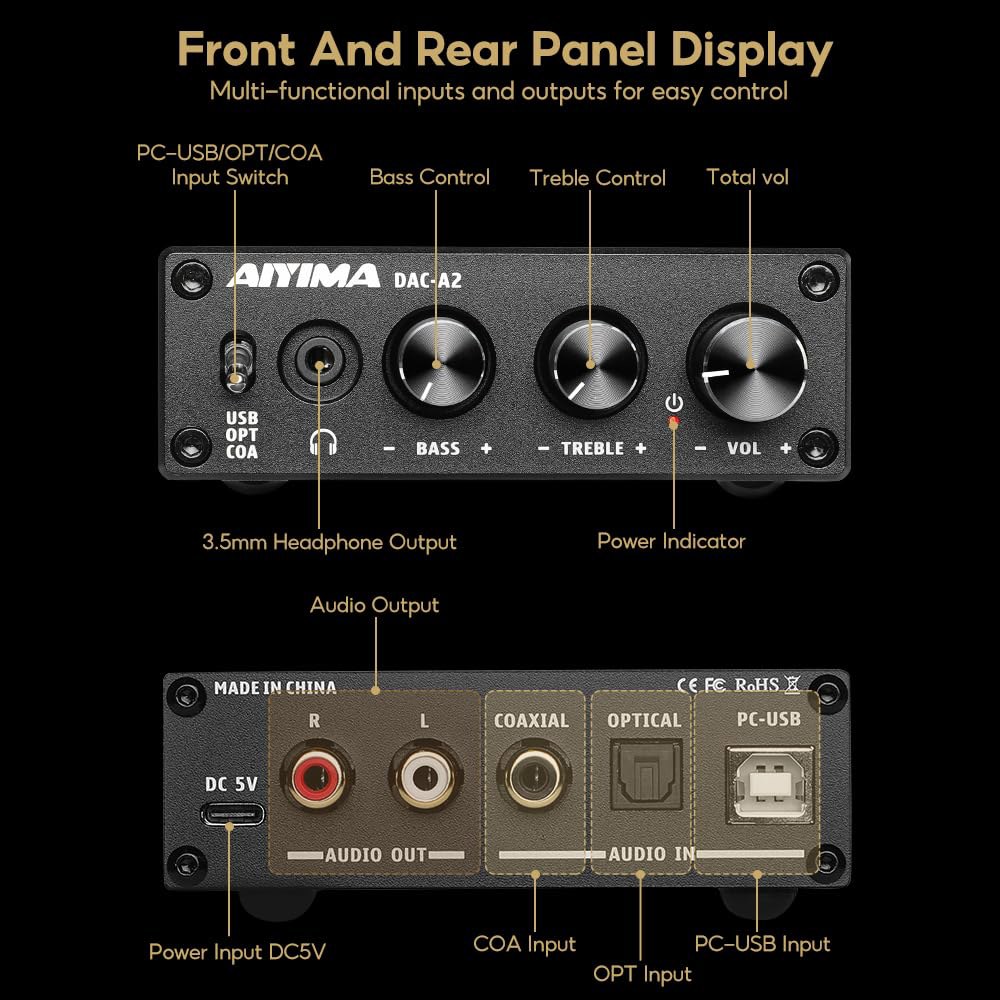 AIYIMA DAC-A2 헤드폰 증폭기 DAC(베이스 트레블 컨트롤 PC-USB/광학/동축 입력, RCA/3.5mm 우풋 디지털-아날로그 데스크톱 오디오 변환기 DC 5V 24비트 - 상세 이미지 3