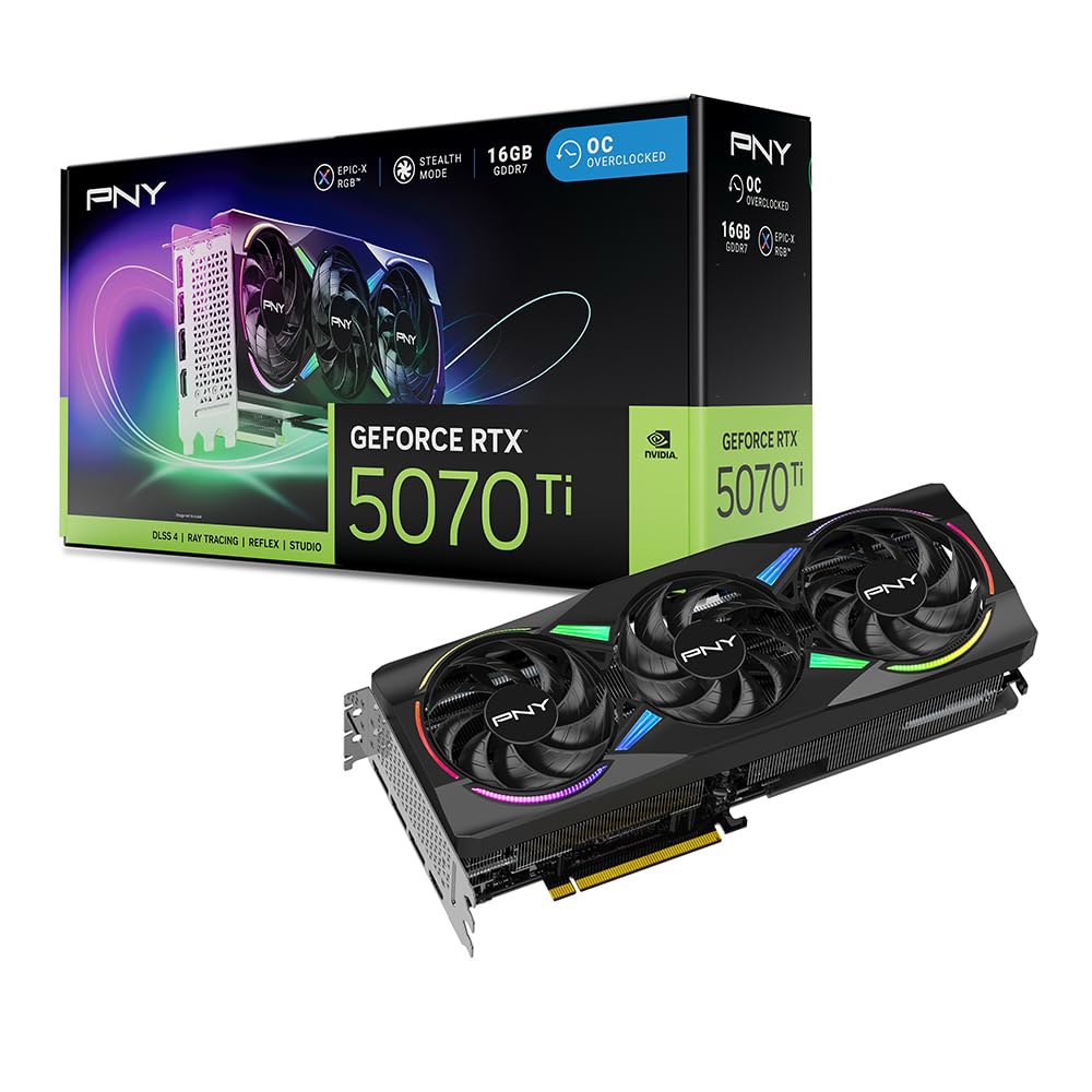 PNY GeForce RTX 5070 Ti 에픽-X ARGB OC 트리플 팬, 그래픽 카드, 16GB GDDR7, 256비트, 2640MHz 부스트, PCIe 5.0, HDMI - 상품 이미지