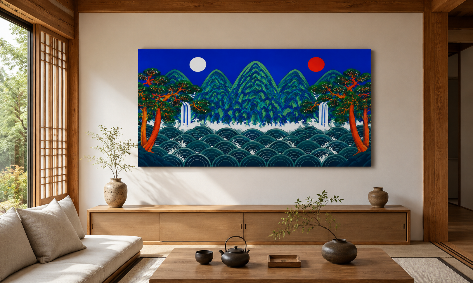 일월오봉도 그림 액자 왕실 병풍 한국 민화 캔버스 60x33cm - 상세 이미지 4