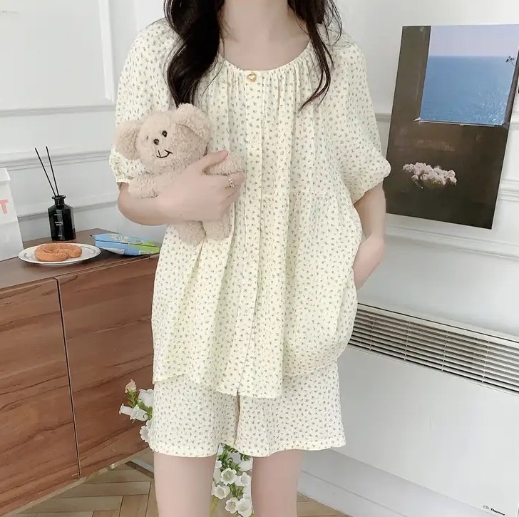 잔꽃 빅사이즈 라운드넥 반팔잠옷 반바지 노카라 요루면 거즈면 수유 홈웨어 파자마 여름 - 상품 이미지