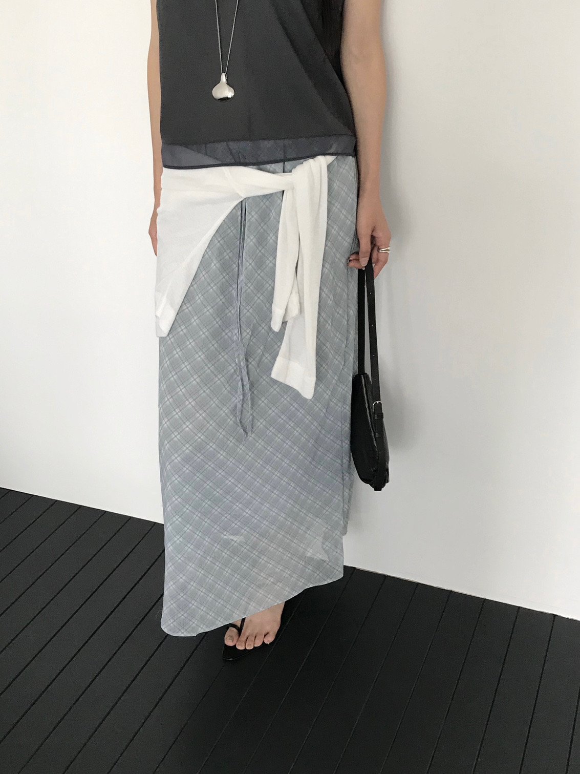 오버무드 여름 쉬폰 레이어드 체크 빈티지 롱스커트 여름 밴딩 맥시 데일리 스커트 - 상품 이미지
