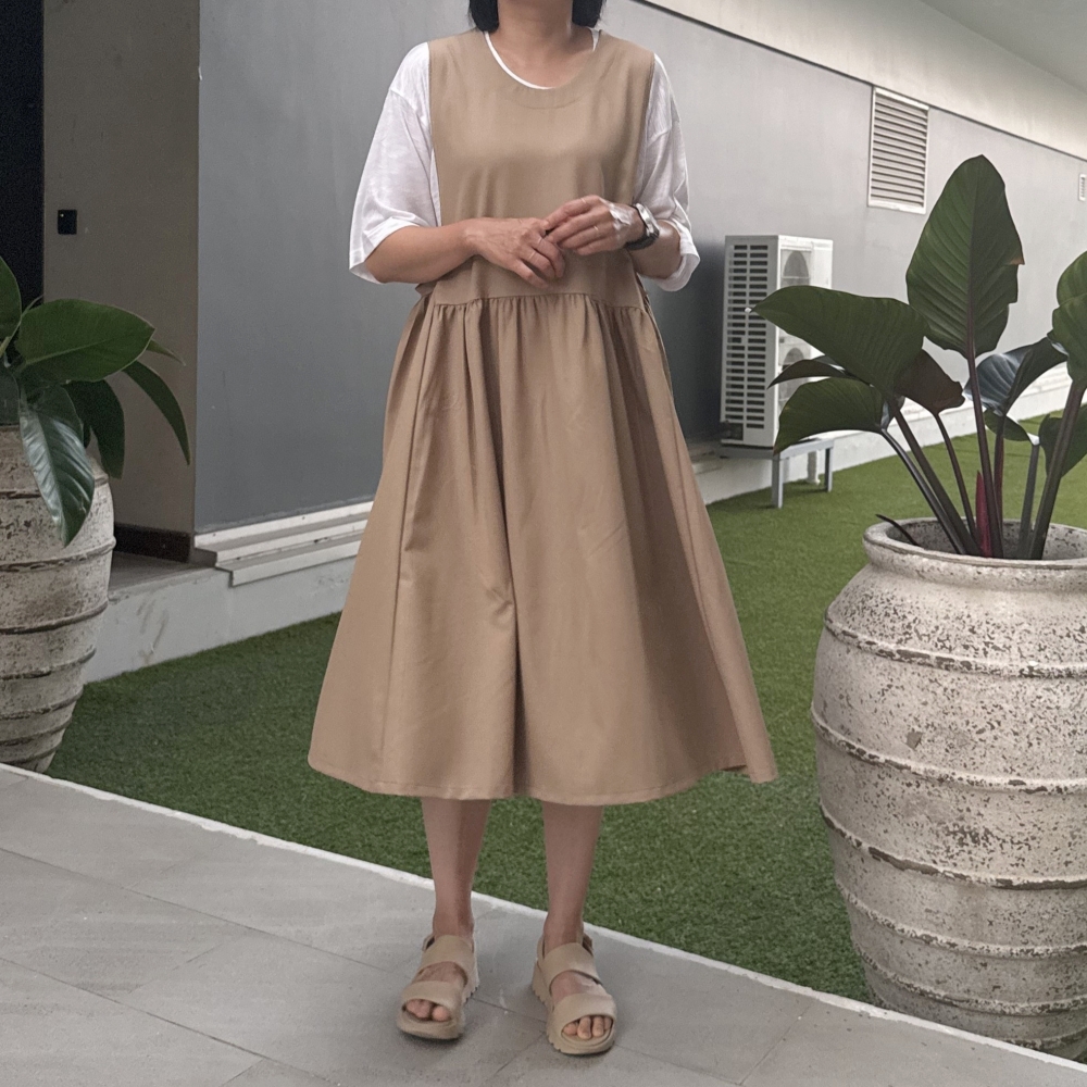 빅사이즈 자체제작 A라인 에이프런 셔링 원피스 뷔스티에 베스트 레이어드 린넨 쉬폰 체크 이미지 4