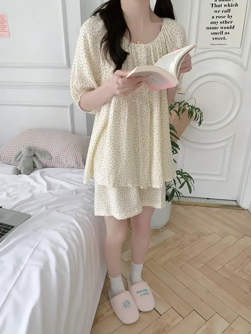 잔꽃 빅사이즈 반팔 원피스잠옷 노카라 요루면 거즈면 임산부 수유 홈웨어 파자마 여름 - 상세 이미지 2