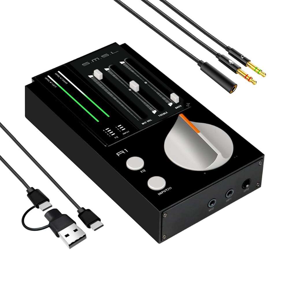 SMSL R1 DAC 헤드폰 앰프, 게이밍 PC PS5용 데스크톱 USB C 디지털-아날로그 오디오 변환기, 마이크 /USB /Opt /Coax 입력 3.5mm /4.4mm 균형 - 상품 이미지