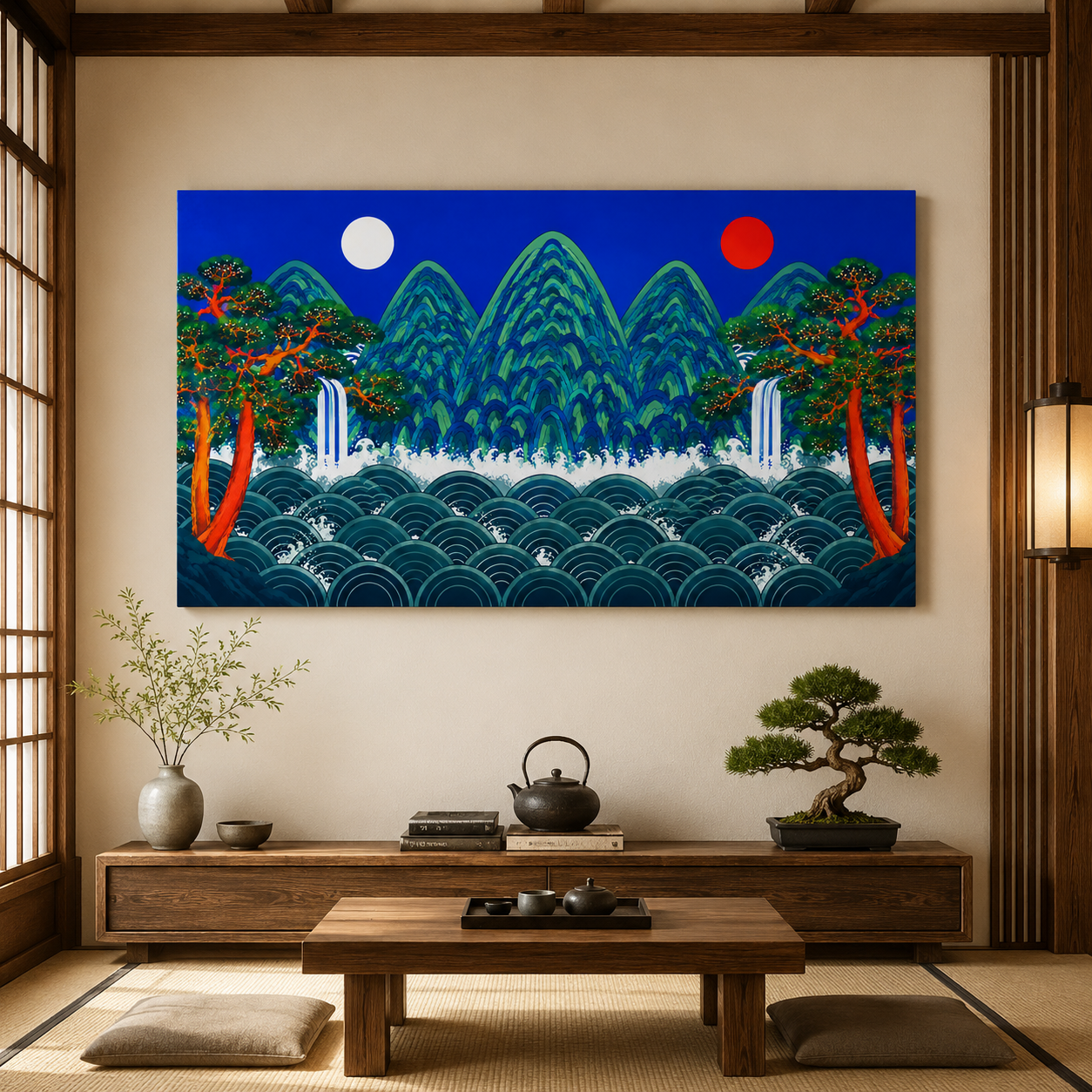 일월오봉도 그림 액자 왕실 병풍 한국 민화 캔버스 60x33cm - 상품 이미지