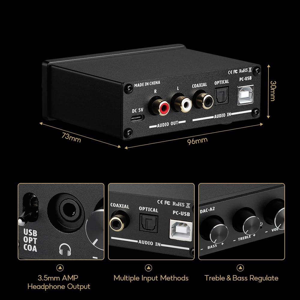 AIYIMA DAC-A2 헤드폰 증폭기 DAC(베이스 트레블 컨트롤 PC-USB/광학/동축 입력, RCA/3.5mm 우풋 디지털-아날로그 데스크톱 오디오 변환기 DC 5V 24비트 - 상세 이미지 2