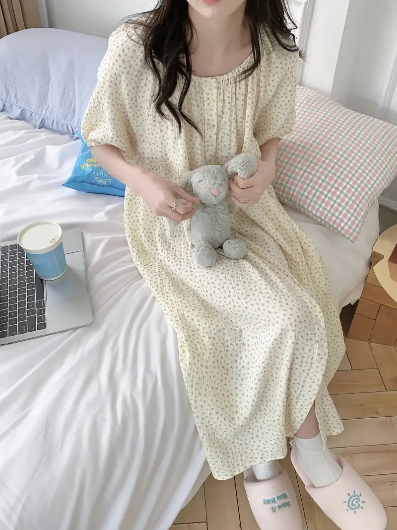 잔꽃 빅사이즈 반팔 원피스잠옷 노카라 요루면 거즈면 임산부 수유 홈웨어 파자마 여름 - 상세 이미지 5