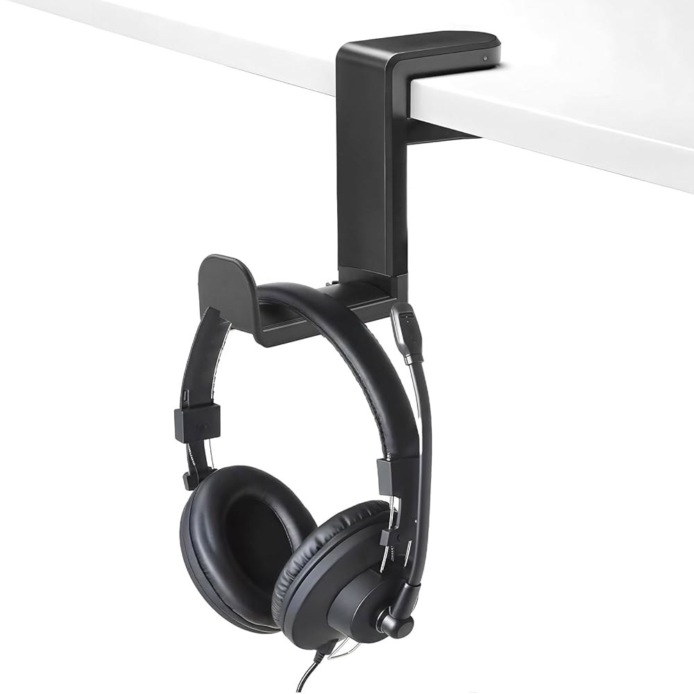 EBQOSK 회전 헤드폰 스탠드, 노드릴 360 PC 게임 헤드셋 및 컨트롤러 홀더, 360도 케이블 클립 정리함이 있는 책상 걸이 아래에 있습니다 - 상품 이미지
