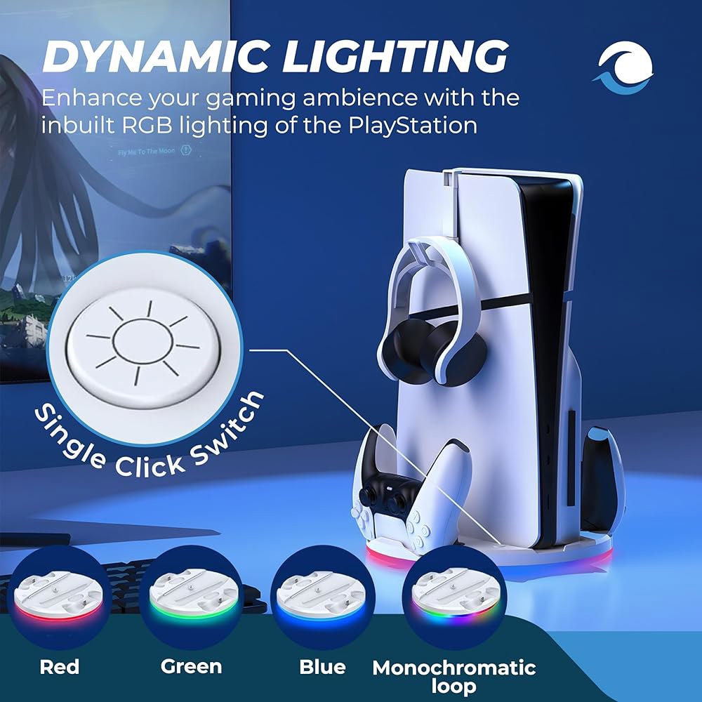 PS5용 듀얼 컨트롤러 충전기가 장착된 스탠드, 플레이스테이션 5용 헤드셋 후크가 수직 콘솔 스탠드 - 멋진 RGB 조명 효율적인 충전 듀얼센스 및 엣지 게임패드용 스테이션 - 상세 이미지 3
