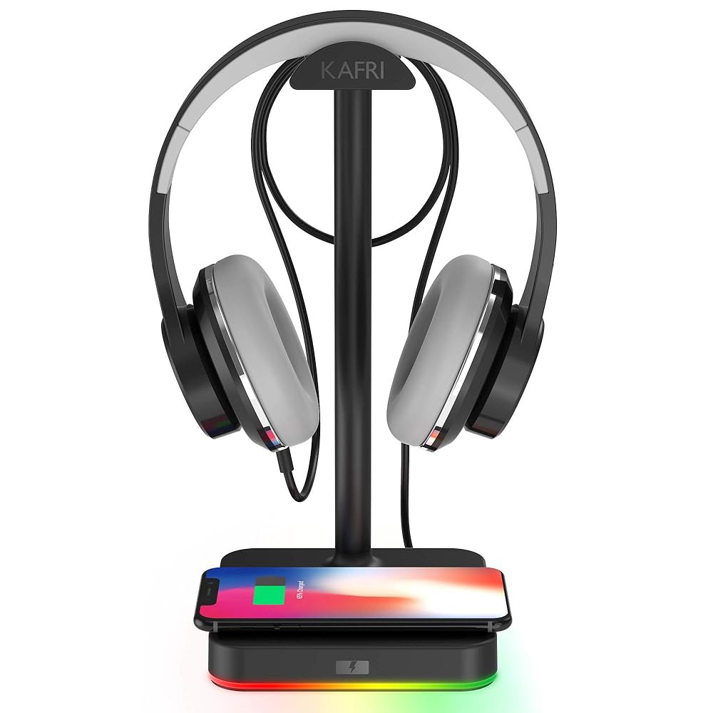 KAFRI RGB 헤드폰 스탠드, 무선 충전 데스크 게임 헤드셋 홀더 행거 랙, 10W / 7.5W 고속 QI 패드 - 게이머 데스크톱 테이블 이어폰 액세서리에 적합 1.Black - 상품 이미지