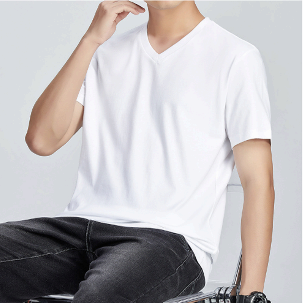 시원한 남자 V넥 무지 반팔 면 티셔츠 - 상세 이미지 3