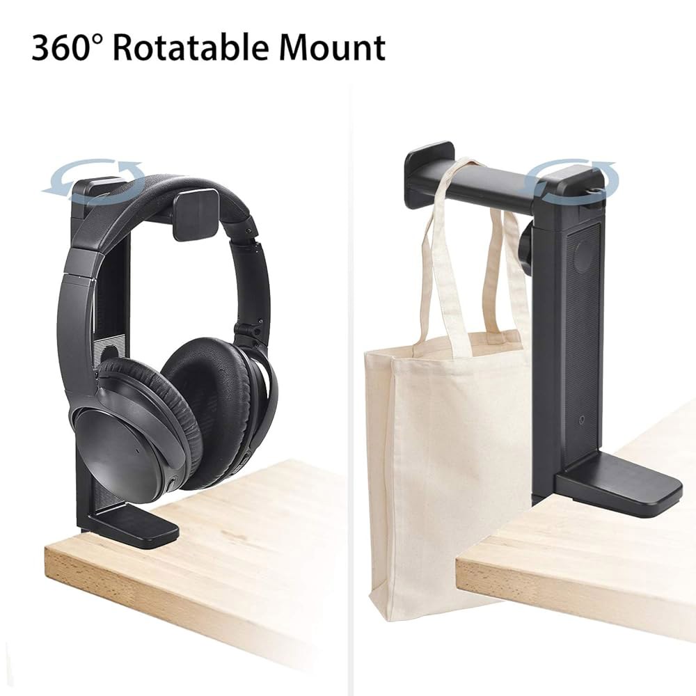 NEETTO HS906 헤드폰 스탠드 및 행거 2 in 1, 위/아래 책상 게임 헤드셋 홀더 높이 조절 회전 클램프가 있는 마운트 후크, 케이블 클립이 이어폰 - 상세 이미지 3