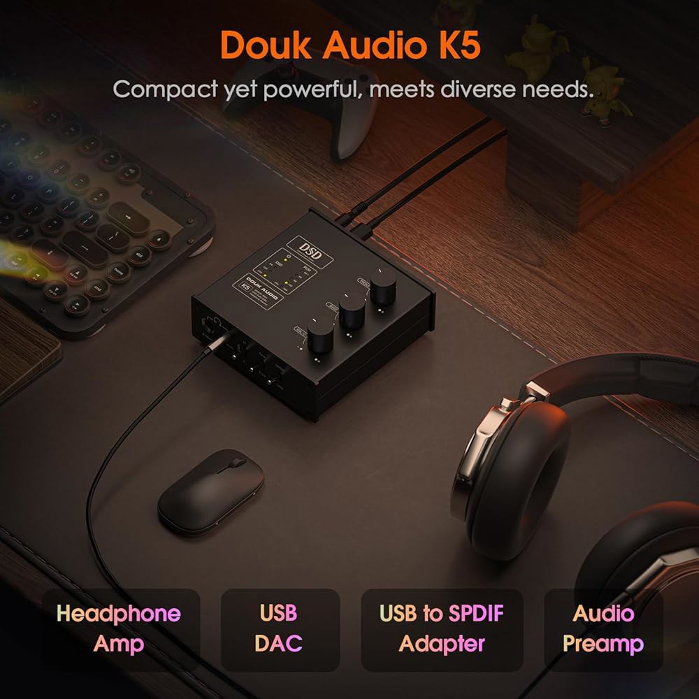 증폭기, 스피커, 맥, 컴퓨터용 USB 및 광 입력 DSD256이 포함된 Douk 오디오 K5 PC DAC 헤드폰 앰프 디지털-아날로그 변환기 (K5) - 상세 이미지 2