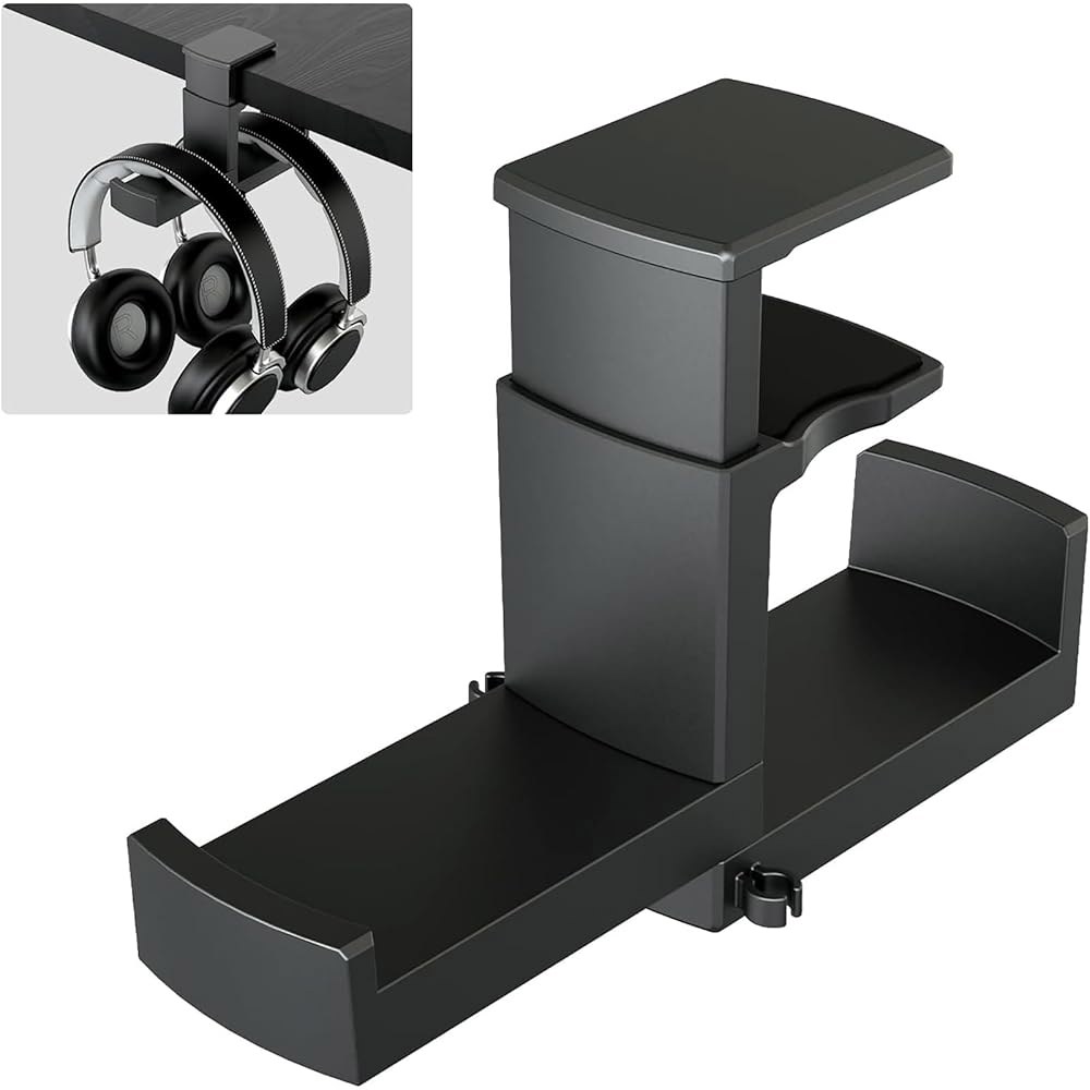 듀얼 헤드폰 스탠드 홀더 - EURPMASK 2 in 1 PC 게이밍 헤드셋 후크, 조절 가능한 클램프 및 케이블 클립 정리함이 있는 360도 회전 걸이, 마운트 언더 데스크 이어 - 상품 이미지