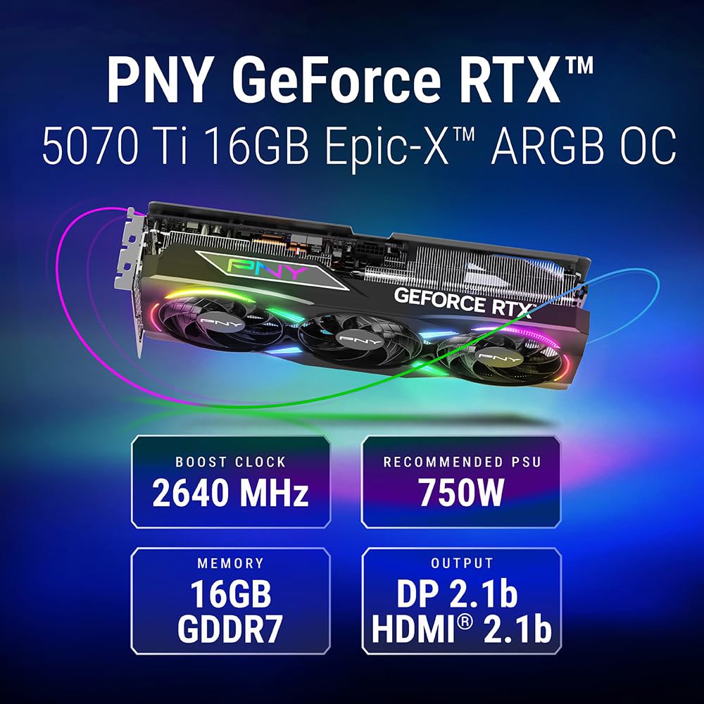 PNY GeForce RTX 5070 Ti 에픽-X ARGB OC 트리플 팬, 그래픽 카드, 16GB GDDR7, 256비트, 2640MHz 부스트, PCIe 5.0, HDMI - 상세 이미지 2