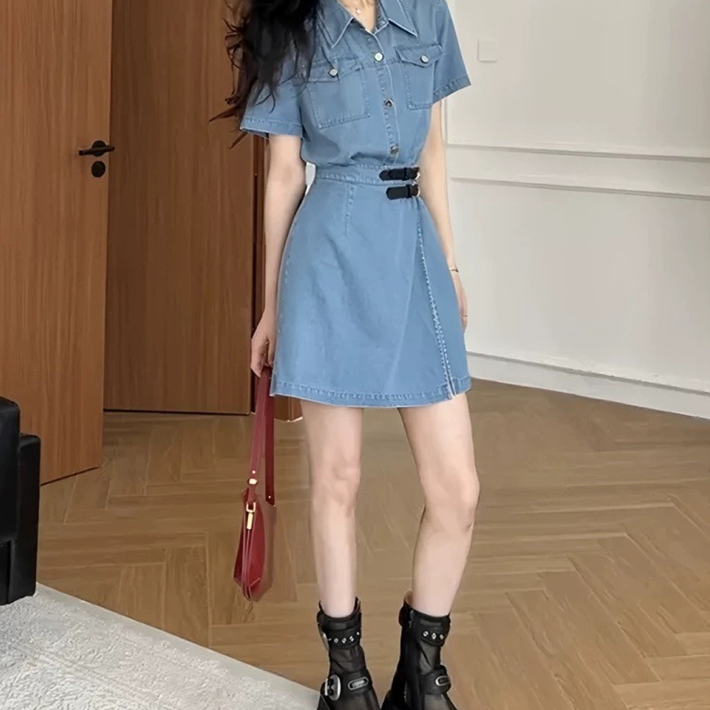 데님원피스 여성 여름 벨트 셔츠 미니 청원피스 - 상세 이미지 2