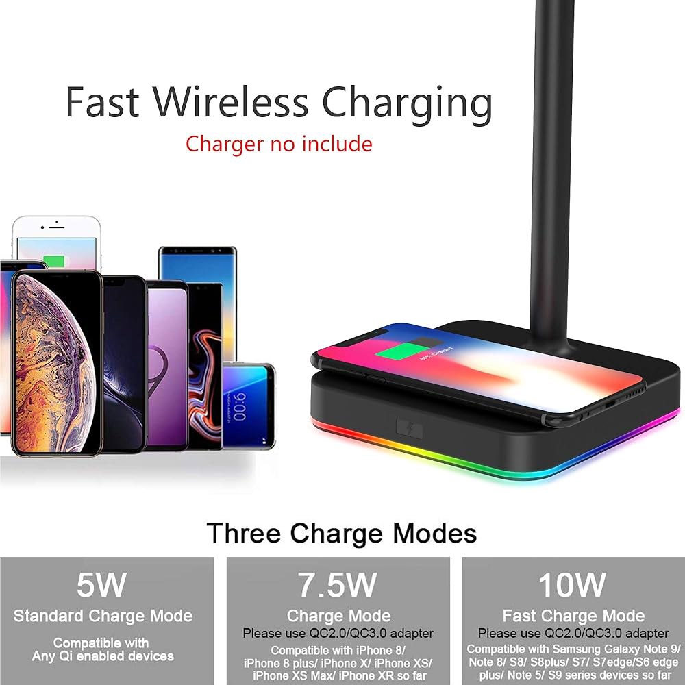 KAFRI RGB 헤드폰 스탠드, 무선 충전 데스크 게임 헤드셋 홀더 행거 랙, 10W / 7.5W 고속 QI 패드 - 게이머 데스크톱 테이블 이어폰 액세서리에 적합 1.Black - 상세 이미지 3