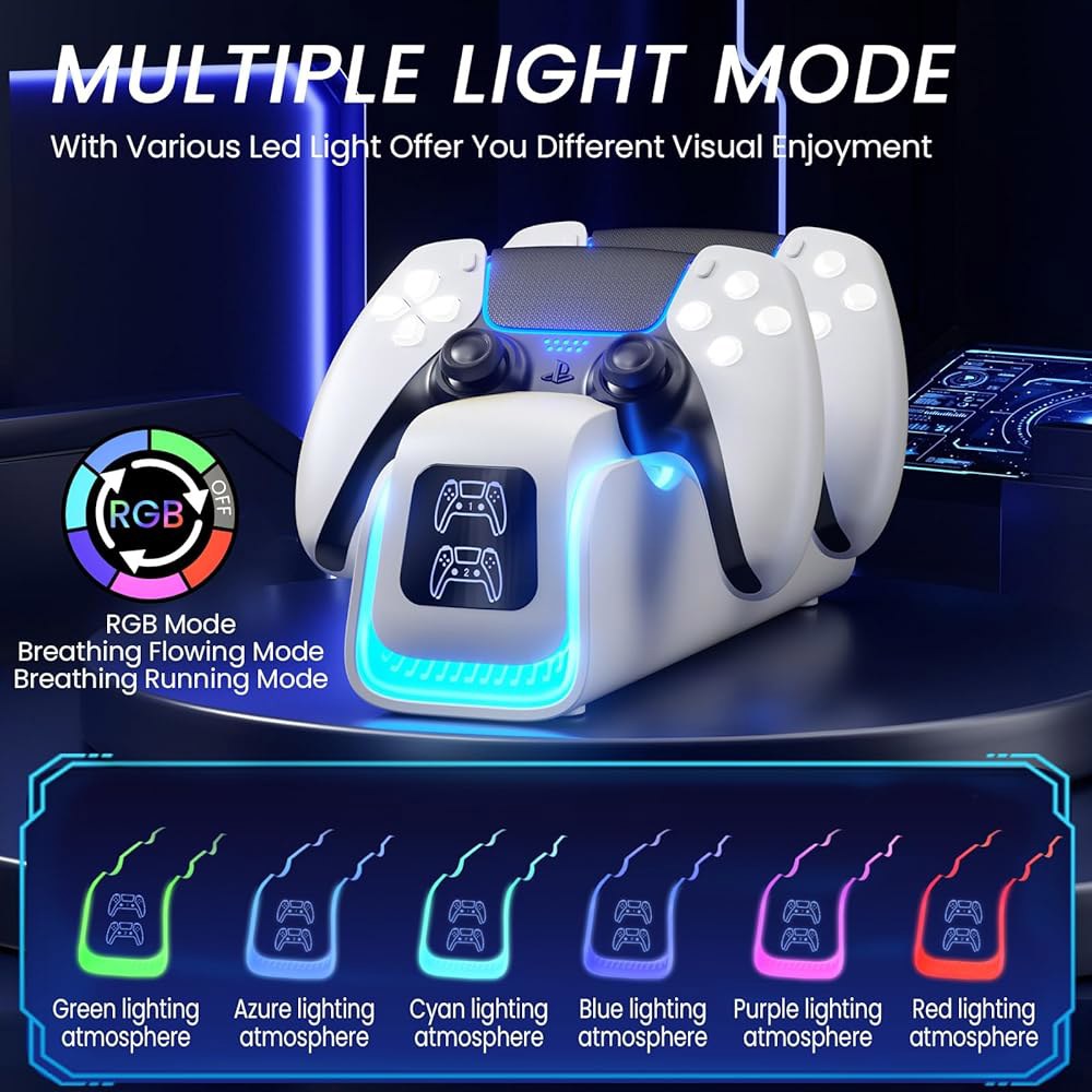 PS5 컨트롤러 충전기, 듀얼센스 엣지용 충전 도크, 6개의 LED 및 RGB 호흡 모드, 과충전 보호 플레이스테이션 4 액세서리 냉각 시스템 5V/2A 어댑터 케이블 - 상세 이미지 2