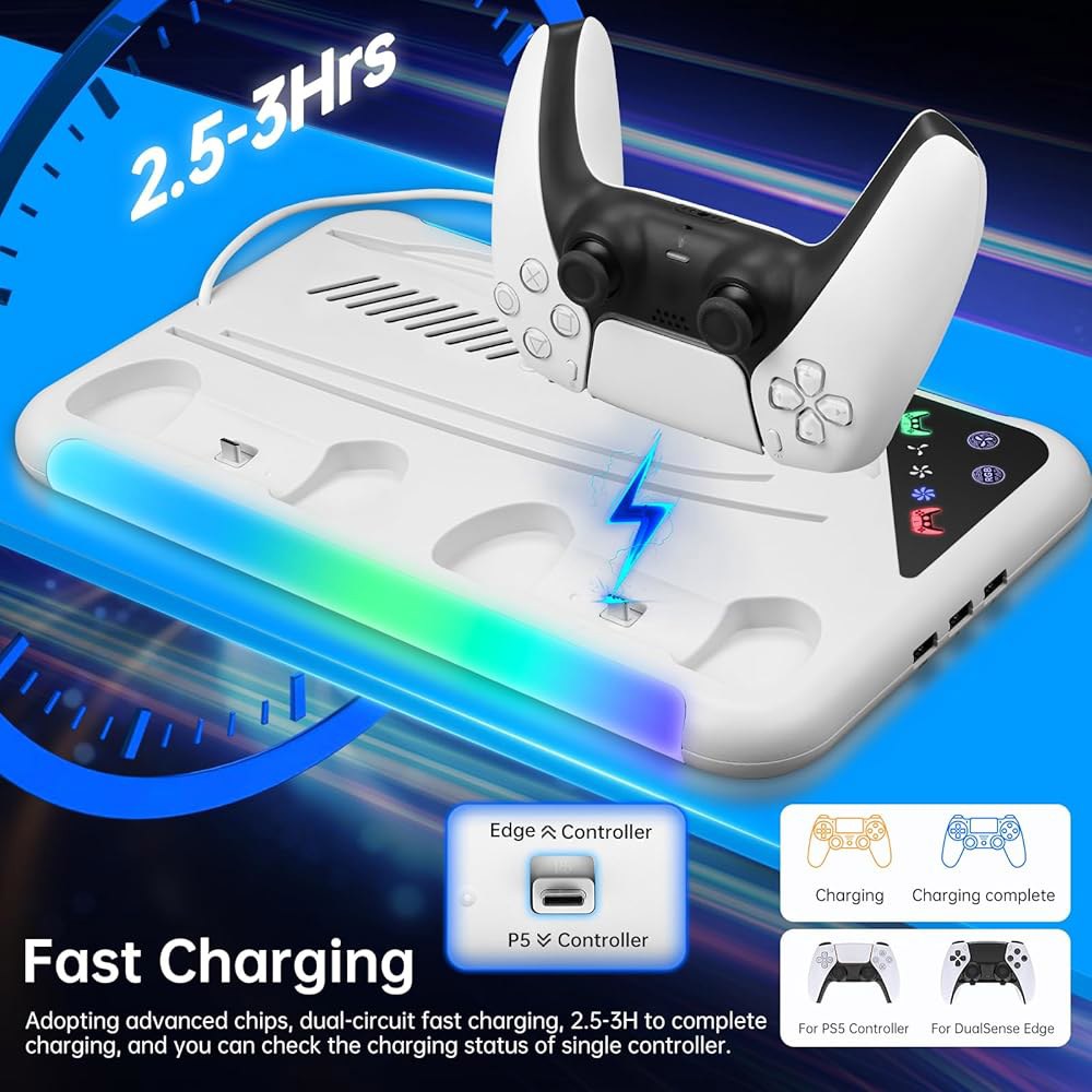 PS5 슬림 / 스탠드 및 냉각 스테이션, 3레벨 PS 5 8개의 RGB LED 엣지 컨트롤러용 충전기, 5용 디자인 디스크 & 디지털 (화이트 + 회색 먼지 커버) - 상세 이미지 3